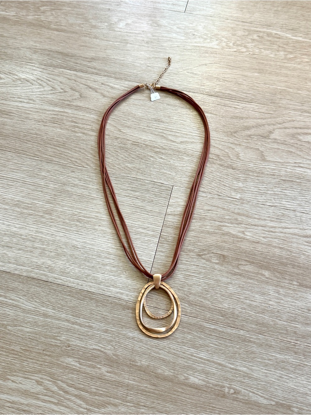 New Southern Living Gold Tone Pendant Brown Cord Long Necklace, Multi-Strand
